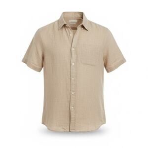 Porter Ash 100% Linen Button Down Short Sleeve Shirt Men Medium Beige Tan Preppy